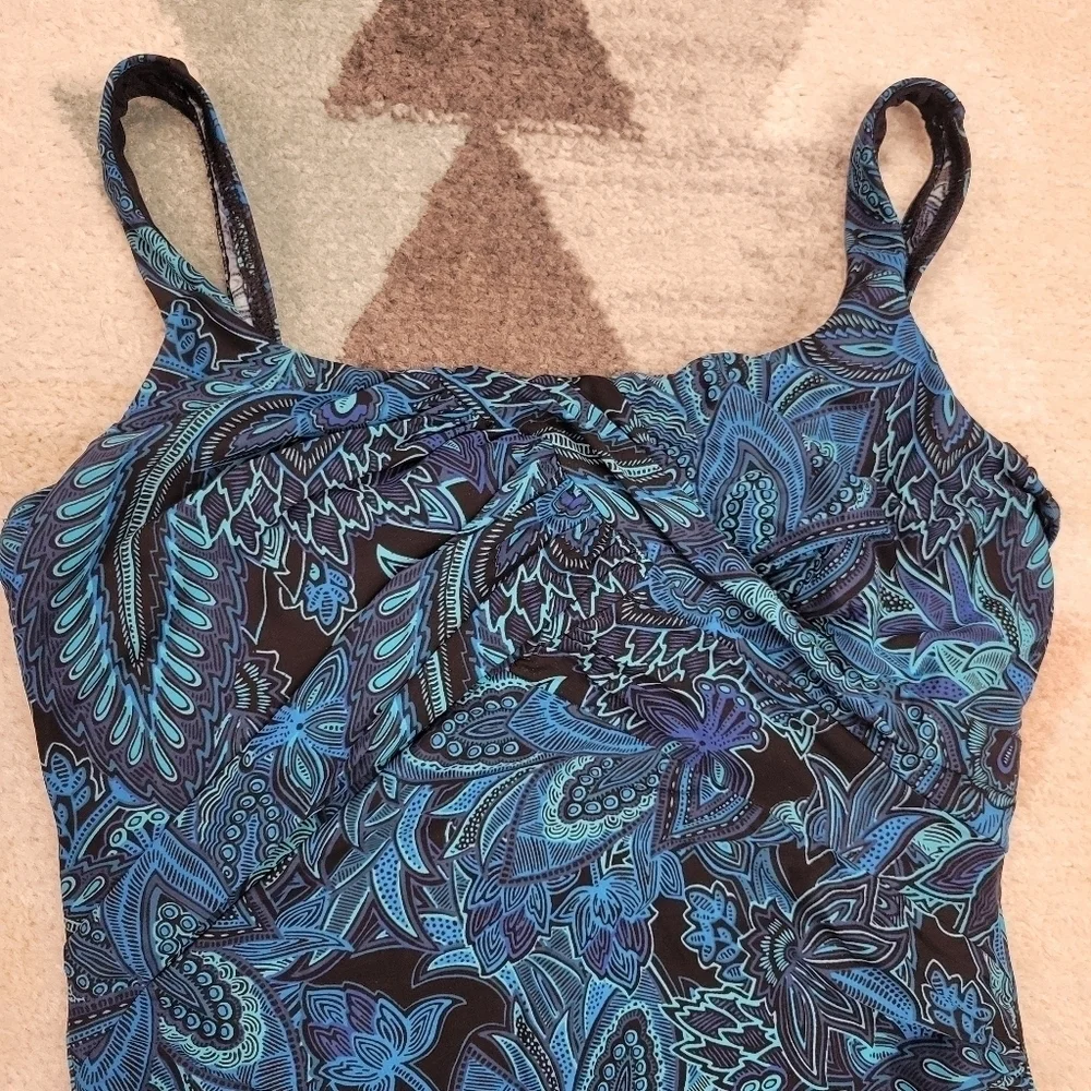 Lands End Womens Blue Paisley Slender Tummy Control One Piece Swim Suit 14 - Picture 2 of 9
